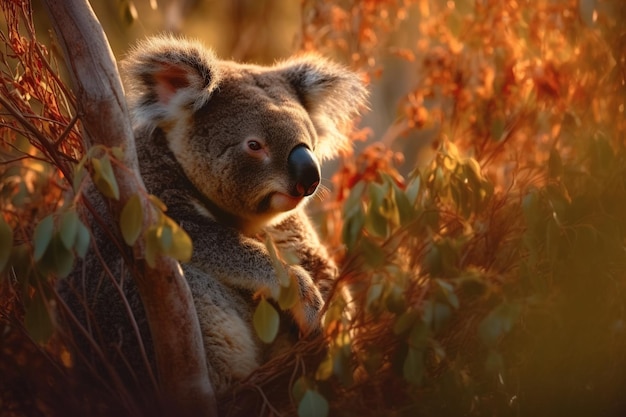 Koala in einem Baum bei Sonnenuntergang