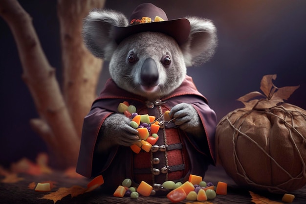 Koala isst zu Halloween Süßigkeiten in verkleidetem KI-generiertem Inhalt