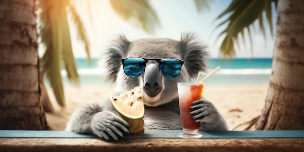 Koala ist im Sommerurlaub im Badeort und entspannt am Sommerstrand