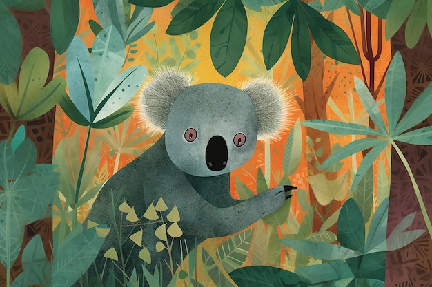 Un koala en la jungla con un gran ojo rosado.