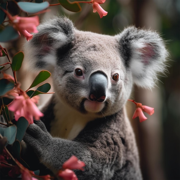 Un koala con la lengua afuera se sienta en un árbol con flores.