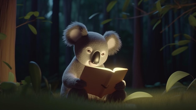 Koala liest im Dunkeln ein Buch