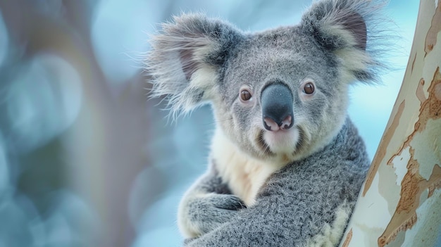 Un koala lindo y acurrucado se sienta en un árbol mirando al mundo con sus grandes ojos redondos