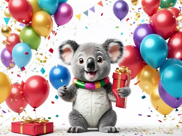 Un koala lindo sonriendo en la fiesta con regalos de globos y confeti aislados sobre un fondo blanco