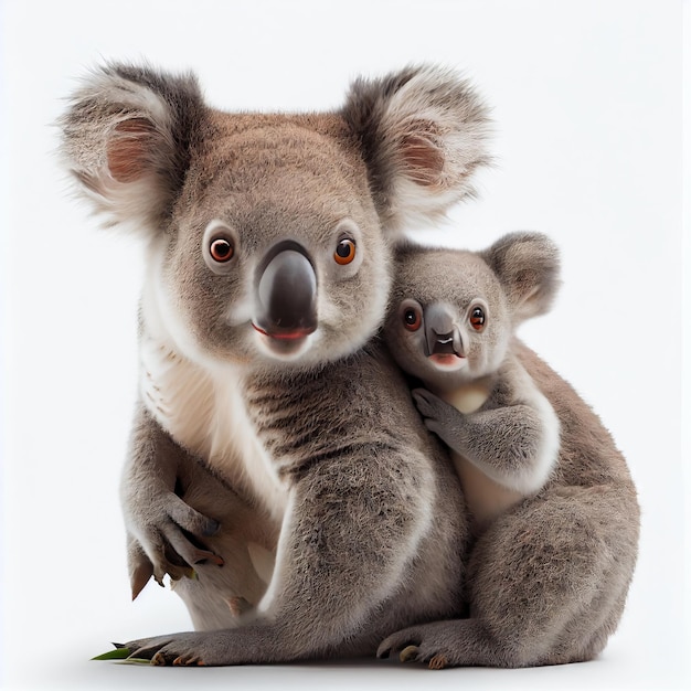 Koala madre con su bebé aislado sobre fondo blanco IA generativa