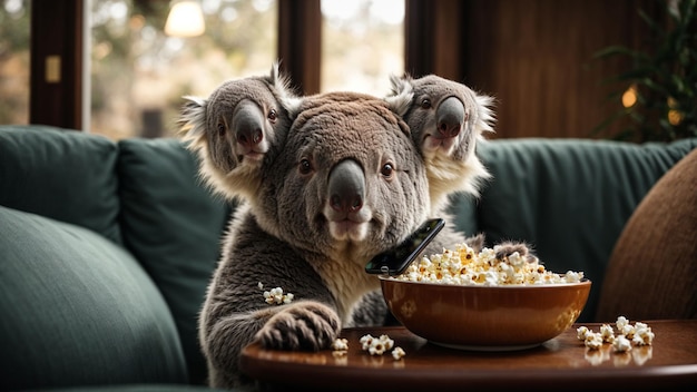 Un koala relajado viendo películas en un teléfono inteligente con un plato de palomitas de maíz