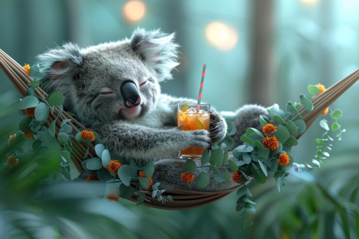 Foto koala relaxando em uma hamaca com uma bebida