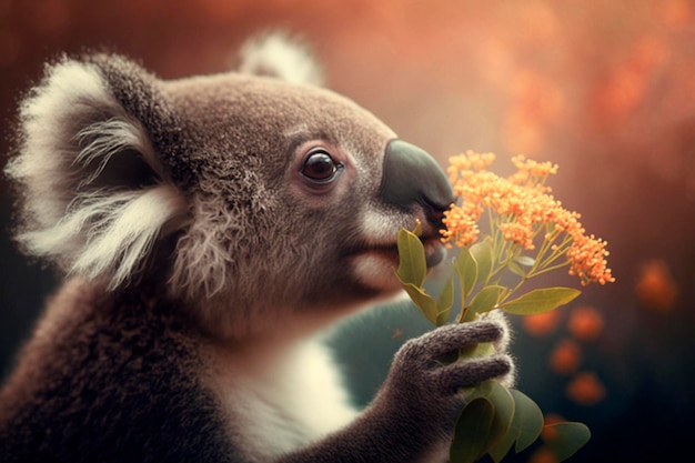 Koala riecht eine Blume auf einer Frühlingswiese. KI-generierter Inhalt