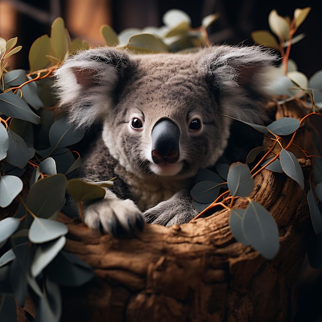 Un Koala satisfecho acurrucado en una rama de un eucalipto en una ilustración fotográfica hiperrealista