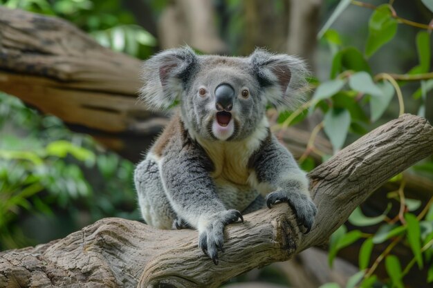 Koala sentado em um galho de árvore bocejando