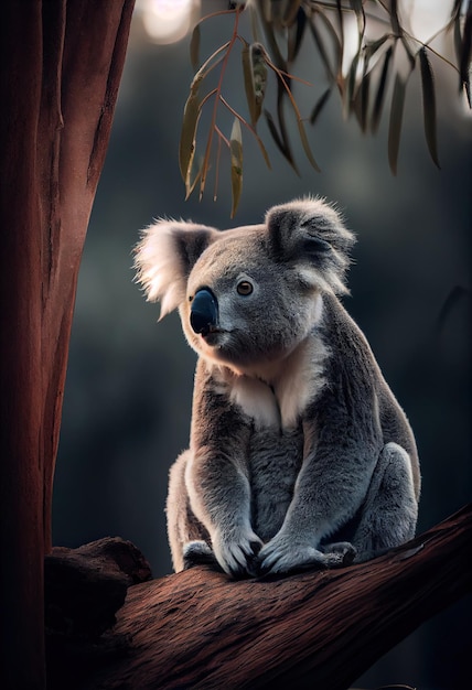 Koala sentado na curva de uma árvore generativa ai