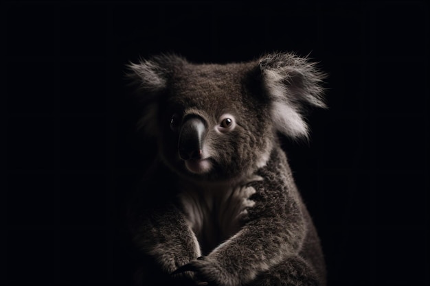 Un koala se sienta en una habitación oscura.