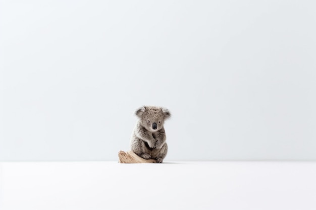 Un koala se sienta en una mesa blanca.