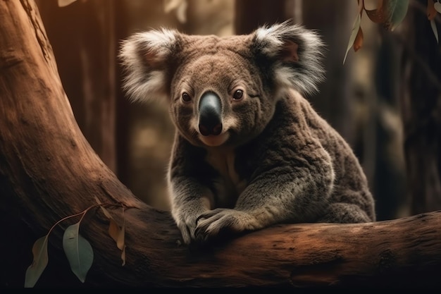 Un koala se sienta en una rama en un bosque.