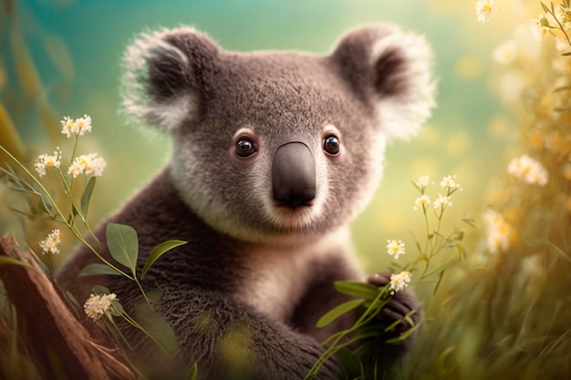 Koala sitzt im Frühling auf einer grünen Wiese zwischen Blumen. KI-generierte Inhalte