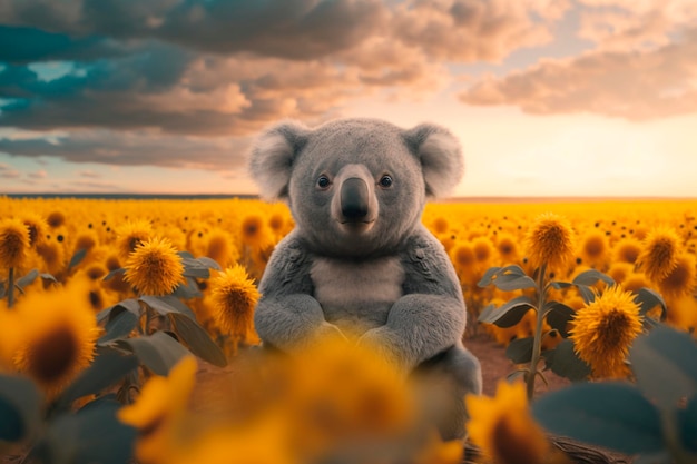 Koala sitzt im Spätsommer auf einem Feld voller Sonnenblumen. KI-generierte Inhalte