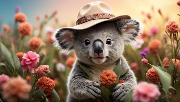un koala con un sombrero en un campo de flores