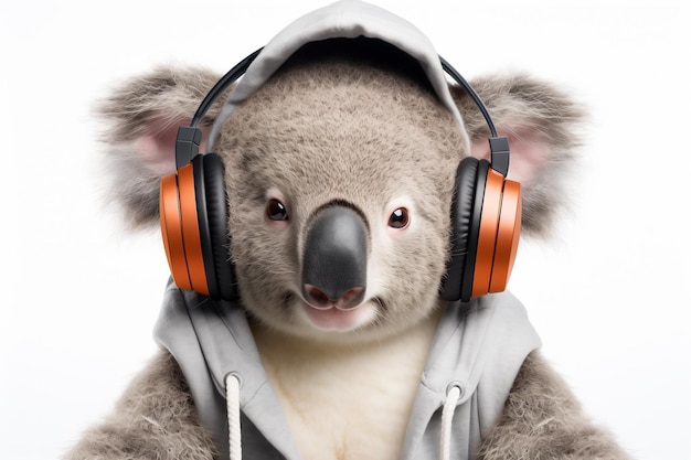 Koala sorridente com fones de ouvido Camisola com capuz e fundo branco