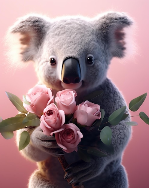 Un koala sosteniendo un ramo de rosas rosadas