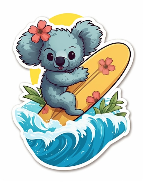 Un koala en una tabla de surf con flores.