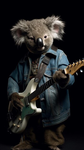 Un koala tocando una guitarra con una correa alrededor del cuello.