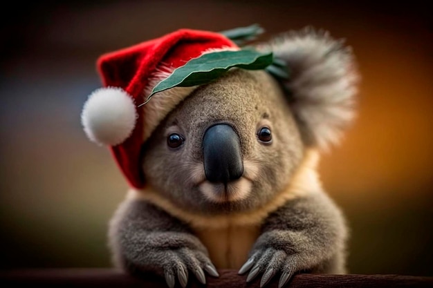 Koala trägt am Heiligabend die Weihnachtsmütze des Weihnachtsmanns. KI-generierter Inhalt