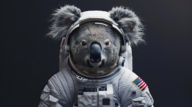 Koala en un traje de astronauta Mascota animal salvaje surrealismo estilo realista primer plano sesión de fotos de disfraces de la NASA para mascotas Concepto de un animal salvaje en ropa humana Generado por IA