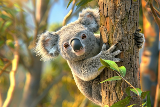 Koala tridimensional em galho de árvore Animais selvagens australianos bonitos escalando no zoológico Ilustração 3D