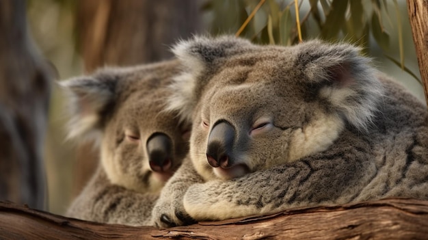 Los koalas descansan en la rama de un árbol.