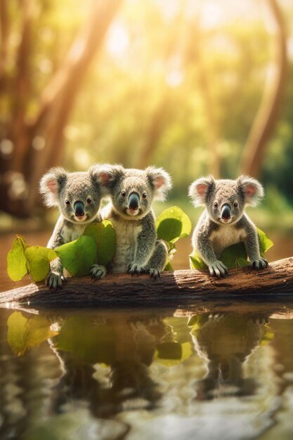 Koalas sentados en un tronco en un lago con hojas en el fondo