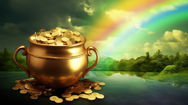 Kobold-Topf voller Gold und Glück, Regenbogen-Hintergrund, St. Patricks Day-Illustration, generative KI