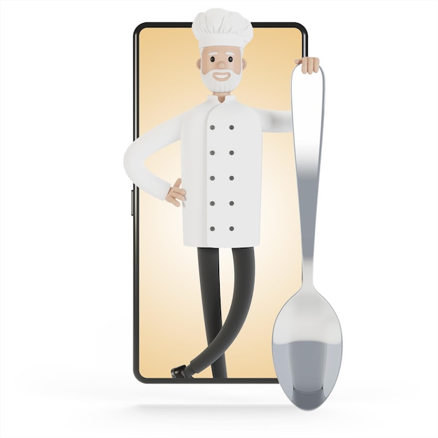 Koch am Smartphone-Bildschirm Online-Kochkurse richtiges Kochen Lieferung aus dem Restaurant 3D-Illustration im Cartoon-Stil