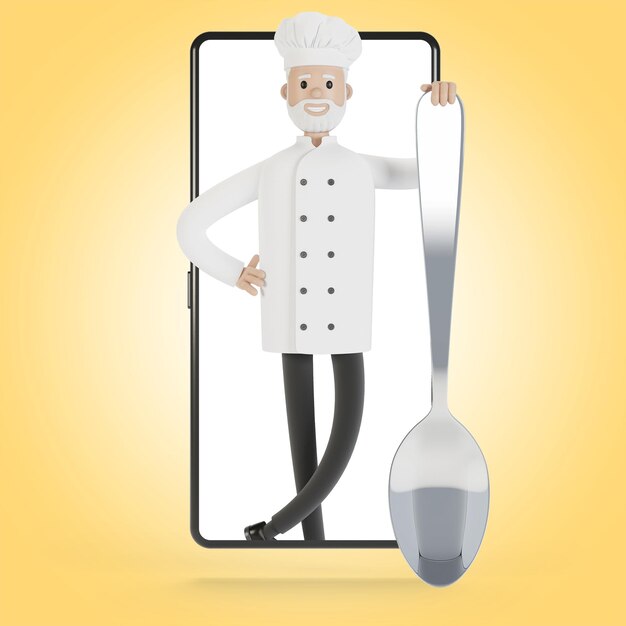 Koch am Smartphone-Bildschirm Online-Kochkurse richtiges Kochen Lieferung aus dem Restaurant 3D-Illustration im Cartoon-Stil