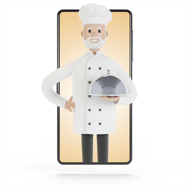 Koch am Smartphone-Bildschirm Online-Kochkurse richtiges Kochen Lieferung aus dem Restaurant 3D-Illustration im Cartoon-Stil