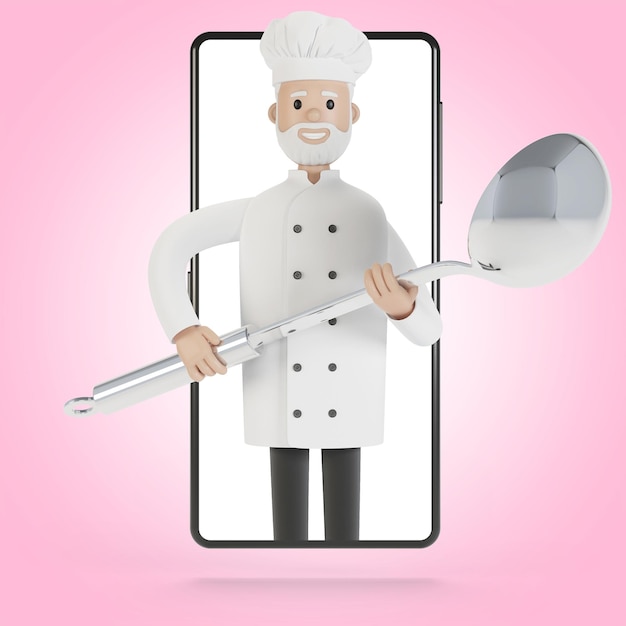 Koch am Smartphone-Bildschirm Online-Kochkurse richtiges Kochen Lieferung aus dem Restaurant 3D-Illustration im Cartoon-Stil