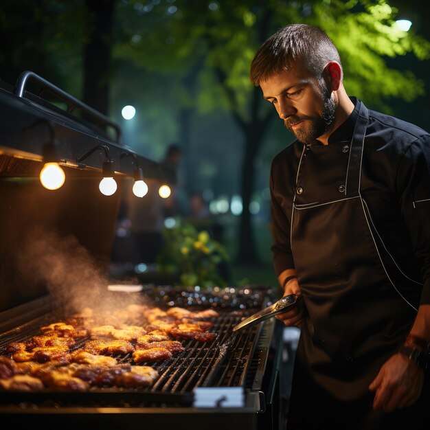 Koch bereitet einen Grill auf der Terrasse eines Restaurants an einem Sommerabend vor Bild, das mit KI erstellt wurde