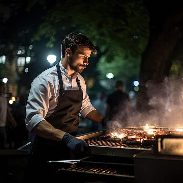 Koch bereitet einen Grill auf der Terrasse eines Restaurants an einem Sommerabend vor Bild, das mit KI erstellt wurde