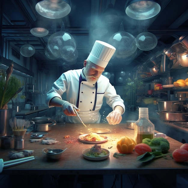 Koch bereitet Essen in einer Restaurantküche zu, wobei Rauch aus dem Ofen kommt und generative KI erzeugt