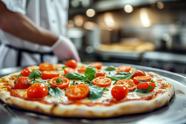 Koch bereitet Pizza in der Küche eines Restaurants vor.