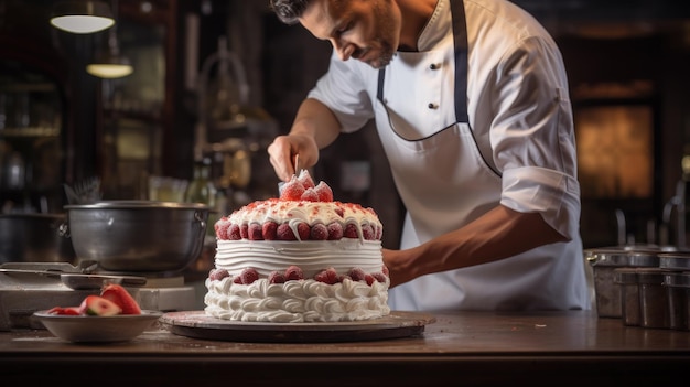 Koch bereitet Schlagsahnkuchen vor