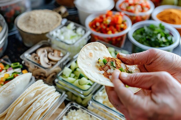 Koch bereitet traditionelle mexikanische Tacos mit frischen Zutaten in der Küche vor