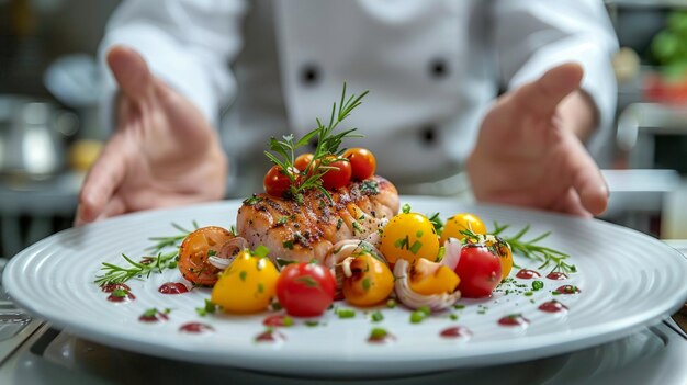 Koch hält einen Teller mit Essen