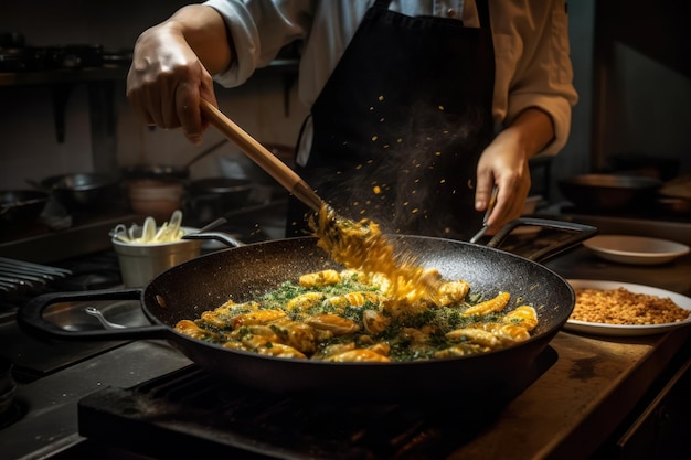 Koch in der Küche bereitet das Kochen von Speisen in einer Bratpfanne mit generativer KI zu