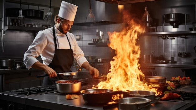 Koch in der Restaurantküche am Herd mit Pfanne beim Flambieren von Speisen