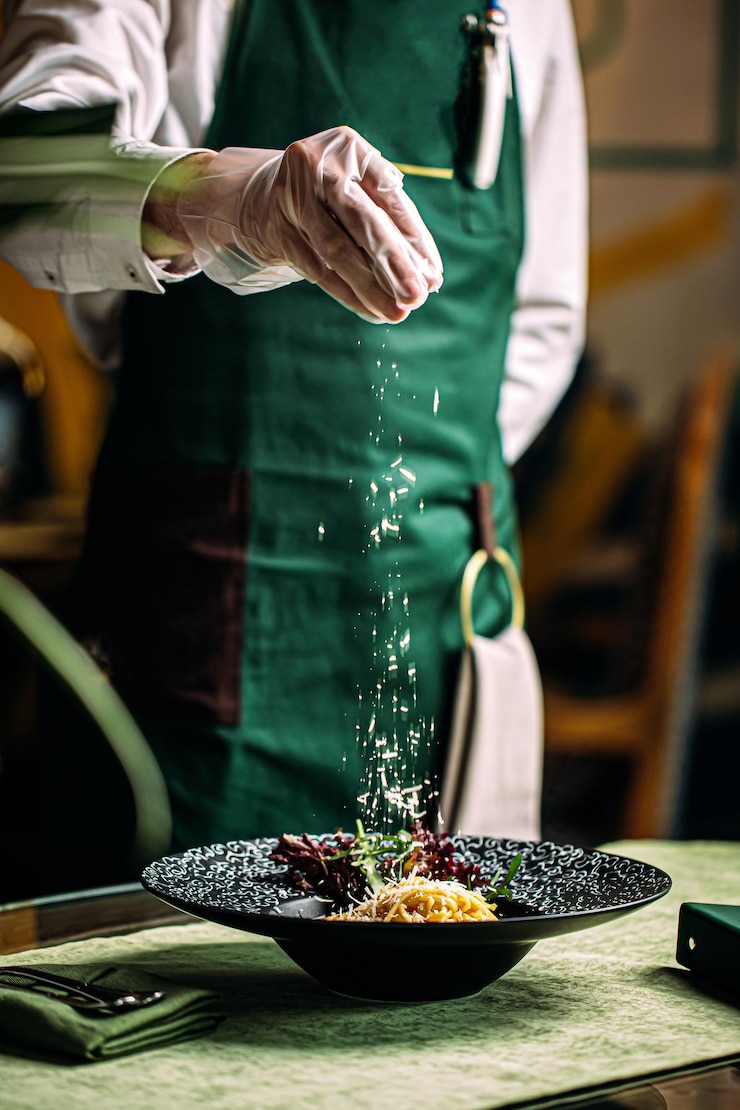 Foto koch macht salat mit parmesan in gourmet-schüssel