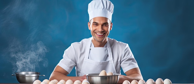 Koch oder Koch bereitet Speisen zu, indem er Eier in einer Schüssel auf blauem Hintergrund schlägt