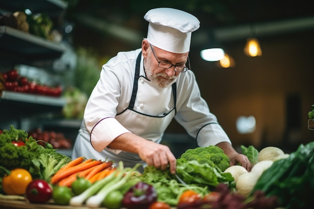 Koch wählt frisches Gemüse auf dem Markt aus Bio-Produkte zum Kochen im Restaurant Generative ai