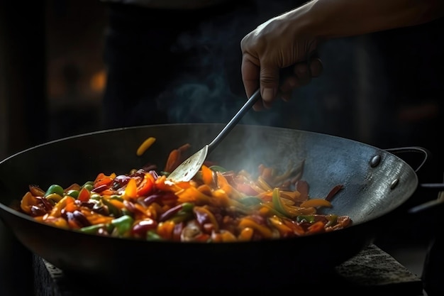 Koch wirft Gemüse im brutzelnden Wok über Feuer. Nahaufnahme der generativen KI