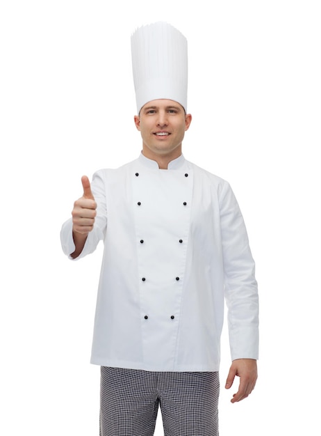 kochen, beruf, gesten und personenkonzept - glücklicher männlicher koch, der daumen hoch zeigt