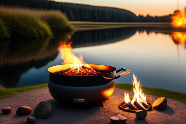 Kochen im Kessel am offenen Feuer in der Natur Bowler am Lagerfeuer im Wald